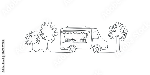 Single line drawing of a food truck with trees