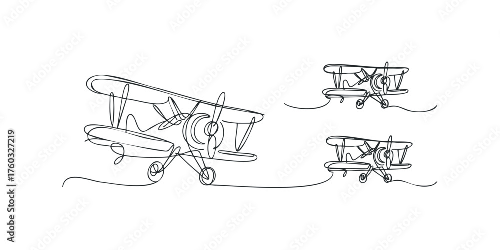 Fototapeta premium Three Vintage Biplane Aircraft Drawn with Single Line Style