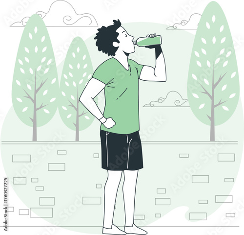 Man drinking from a bottle outdoors in a park setting vector illustration