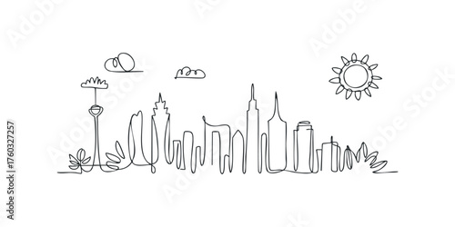 Continuous Line Drawing of Cityscape with Sun and Clouds