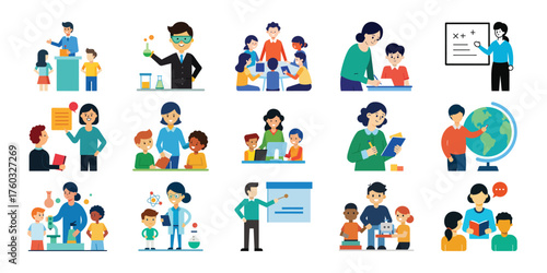 Diverse group of students and teachers engaged in various educational activities and learning scenarios