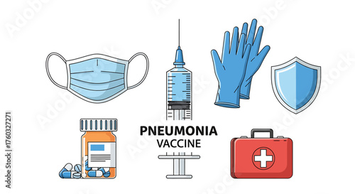A collection of medical supplies including a face mask, syringe, gloves, shield, medicine bottle, and first aid kit, with the text 'PNEUMONIA VACCINE' in the center.