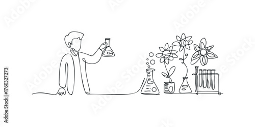 Scientist holding flask with plants and test tubes