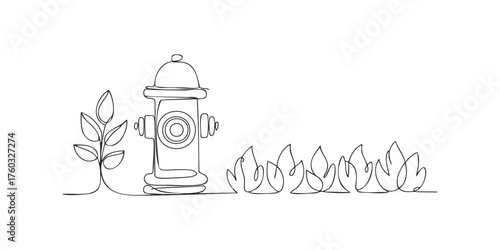 Single line drawing of a fire hydrant with plant and flames