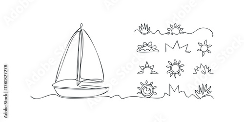 Simple line art sailboat on water with sun and foliage icons