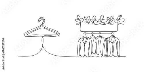 Minimalist line art clothing rack with suits and hangers