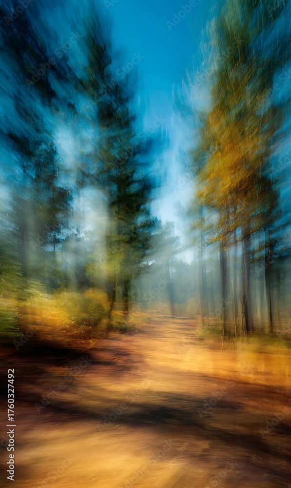 Fototapeta premium Vibrant abstract forest path bathed in golden sunlight, capturing the dynamic essence of nature's movement and light
