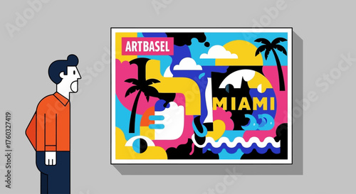 This flat design vector illustration showcases a bold, pop art-inspired piece at Art Basel Miami Beach, reflecting the event's vibrant and diverse artistic offerings.