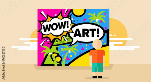 This flat design vector illustration showcases a bold, pop art-inspired piece at Art Basel Miami Beach, reflecting the event's vibrant and diverse artistic offerings.