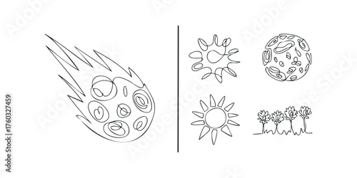 Simple line drawing of celestial body and nature elements
