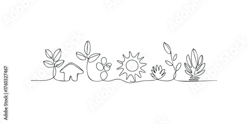 Continuous line drawing of a house and plants with sun