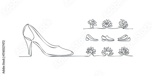 Continuous line drawing of high heel shoe and floral motifs