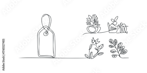 Continuous line drawing of a tag and botanical elements
