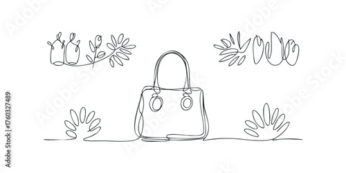 Minimalist Line Drawing of Handbag and Floral Elements