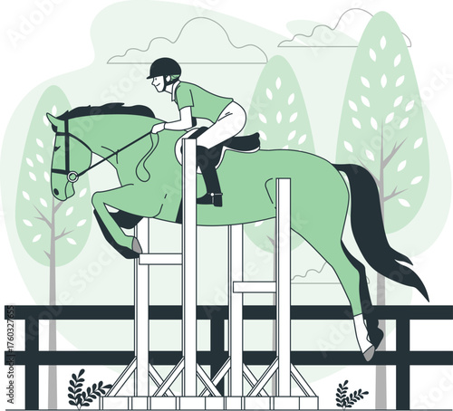 Equestrian jumping over a hurdle with a rider in a green shirt and helmet horse
