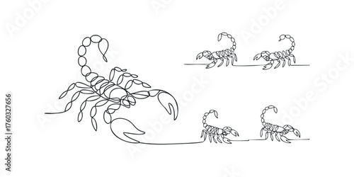 Continuous line drawing of scorpions in various sizes