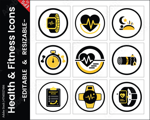 Collection Of Black And Yellow Health And Fitness Icons Featuring A Watch,Heart,And Sleep
