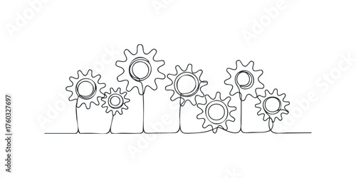 Continuous line drawing of interlocking gears in a row