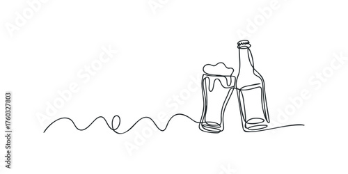 Minimalist continuous line drawing of beer bottle and glass