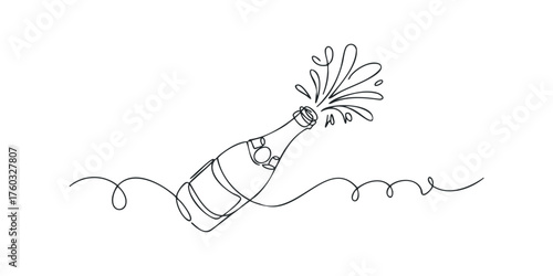 Continuous line drawing of a champagne bottle bursting with celebratory spray