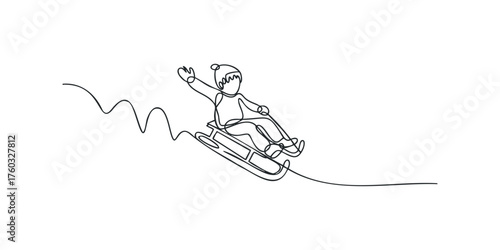Child sledding down a snowy hill waving goodbye