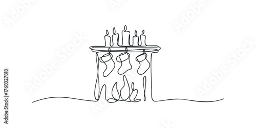 Christmas fireplace with stockings and candles line drawing
