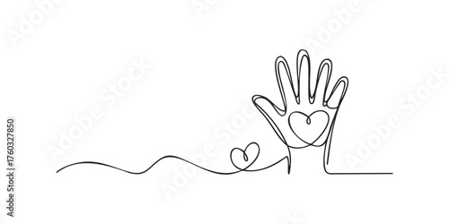 Continuous line drawing of open hand with heart shape