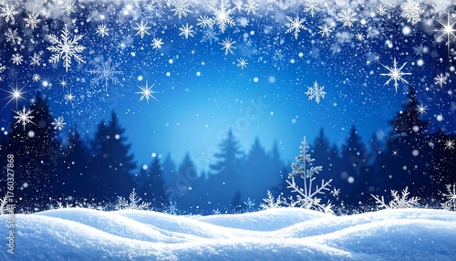 Wallpaper Mural A serene winter scene featuring a snowy foreground, silhouettes of evergreen trees, and a backdrop of a sparkling night sky. Delicate snowflakes frame the view Torontodigital.ca