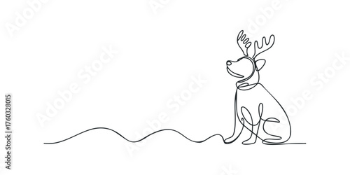 Dog wearing reindeer antlers drawn in continuous line style