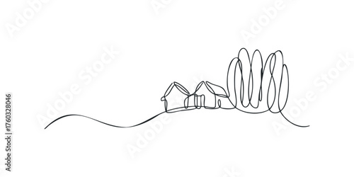 Two houses and trees drawn with a continuous line