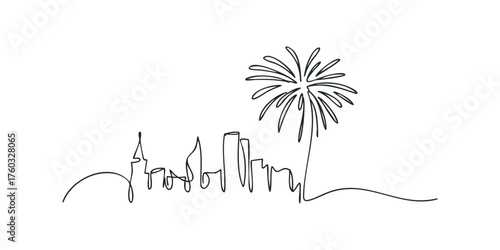 Minimalist line drawing cityscape with firework burst