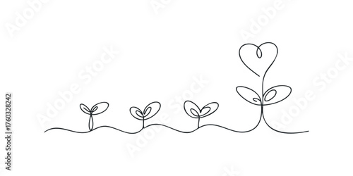 Sprout growth progression with heart-shaped bloom symbol