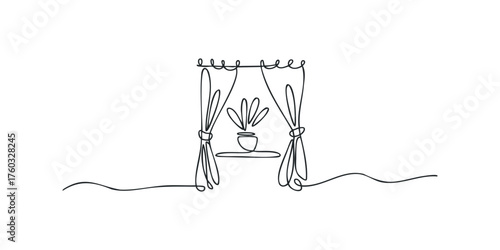 Minimalist line drawing of a potted plant by a window with curtains