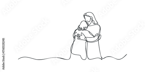 Person Embracing Religious Figure in Simple Line Art