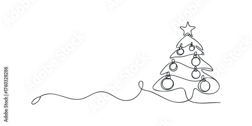Single line drawing of a decorated Christmas tree