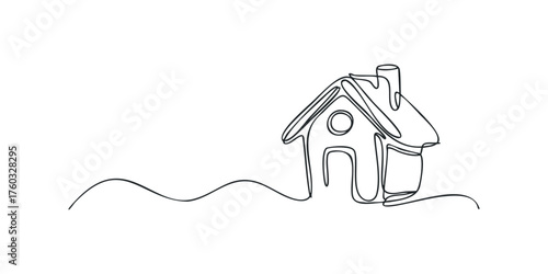 Continuous line drawing of a simple house with a chimney