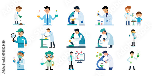 Diverse group of scientists and researchers conducting experiments and laboratory work with equipment and medical supplies