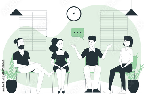 People sitting in chairs in a room, engaged in a conversation with a speech bubble discussion meeting