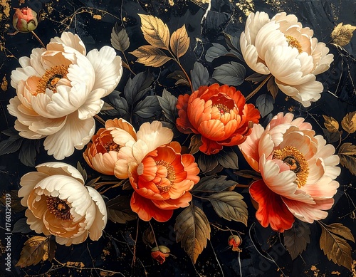 Fototapeta Naklejka Na Ścianę i Meble -  Close-up of lush peonies in bloom with dark marbled background