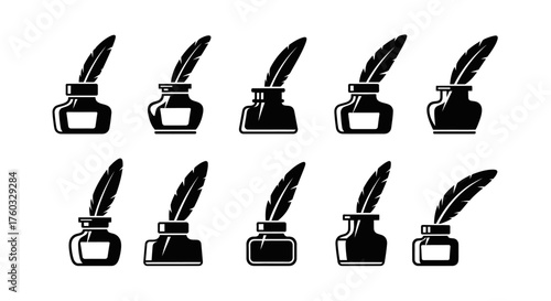 Collection of black inkwell and feather pen icons, representing writing, literature, and calligraphy