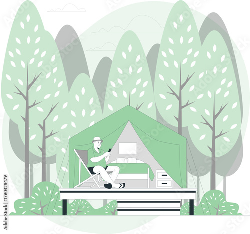 Man Relaxing in a Glamping Tent in a Forest Setting with a Phone Keywords: glamping, camping, tent, forest, nature, outdoors, relaxation, leisure, vacation, travel, man, person, phone, smartphone