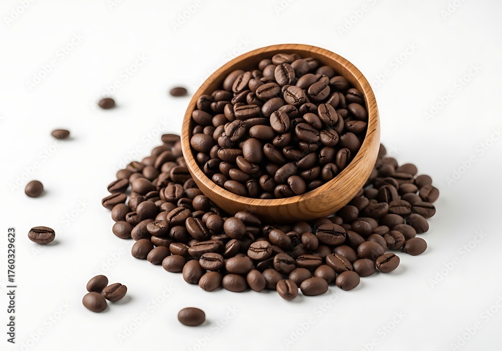 Obraz premium Fresh Roasted Coffee Beans in Wooden Bowl on White Background