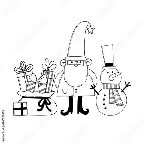 Festive vector line art featuring a cheerful gnome, smiling snowman, and a stack of gift boxes simple black and white outline illustration perfect for coloring pages, greeting cards, and holiday 