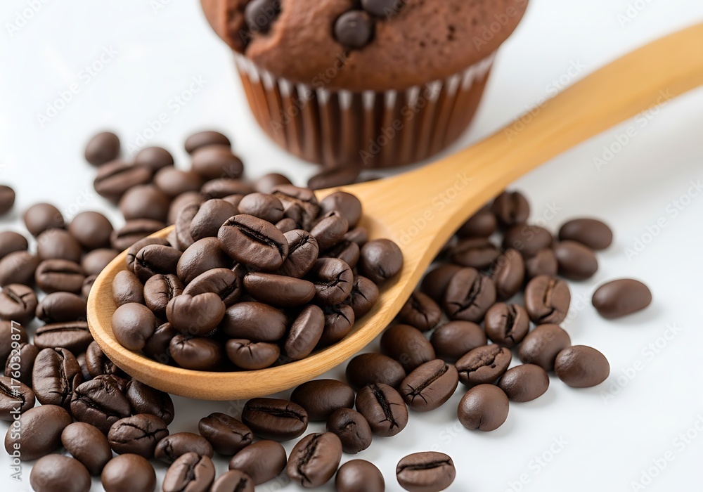 Fototapeta premium Fresh Roast Coffee Beans on Wooden Spoon and Chocolate Chip Muffin Food Background