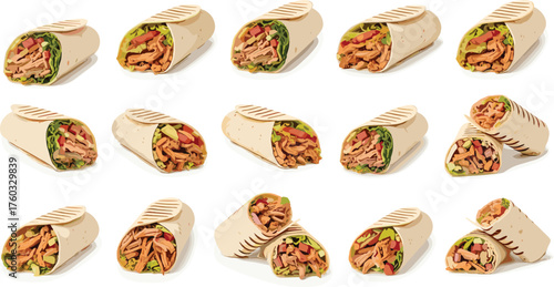 chicken shawarma wraps and burritos with grilled tortilla, vegetables, meat filling in various angles vector illustration design