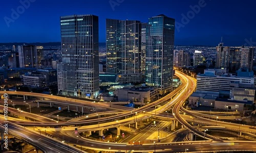 Busy City Highway Interchange with Light Trails at Night urban traffic