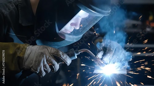 Skilled Welder in Protective Gear Performing Arc Welding in a Workshop.