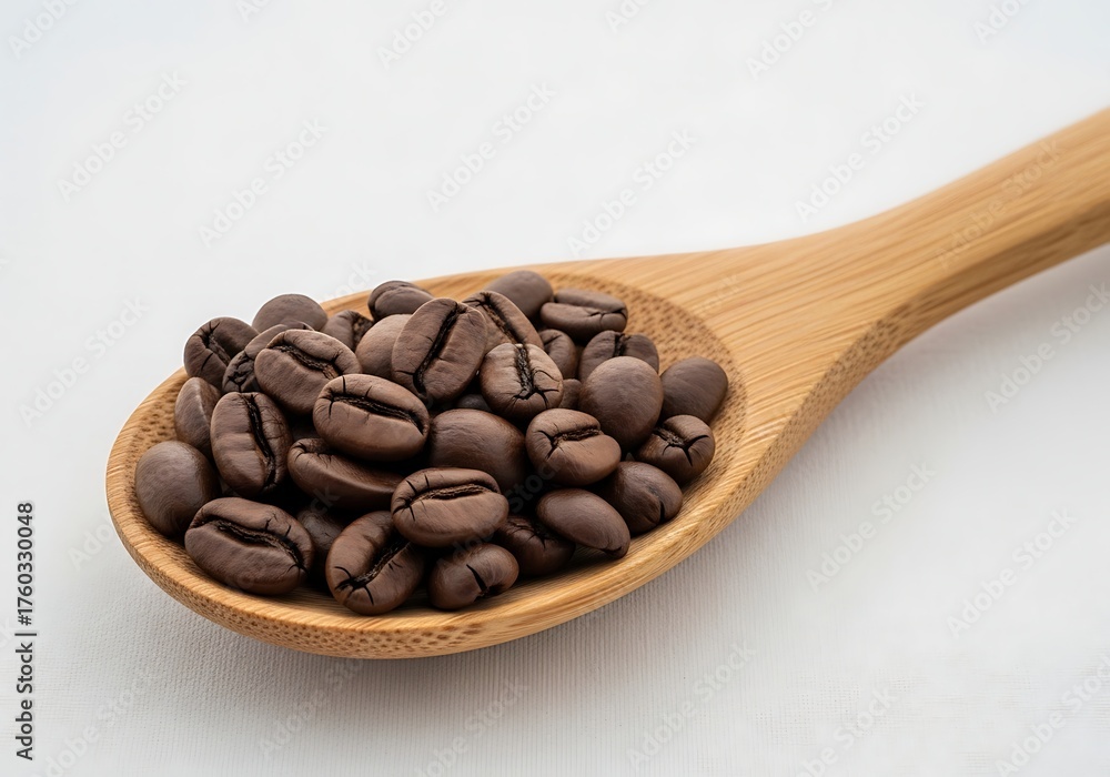 Obraz premium Roasted Coffee Beans in a Wooden Spoon on White Background for Cafe Concept