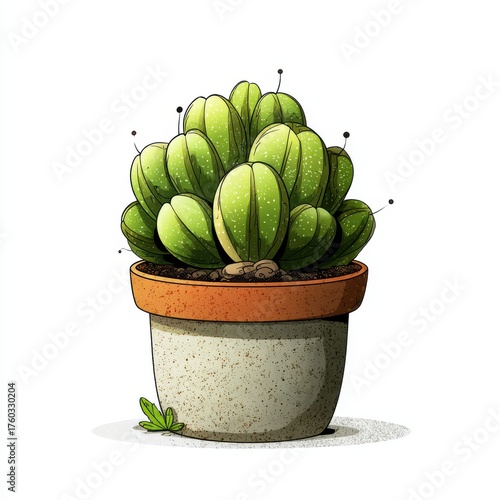 Green Cactus in Terracotta Pot Detailed Illustration