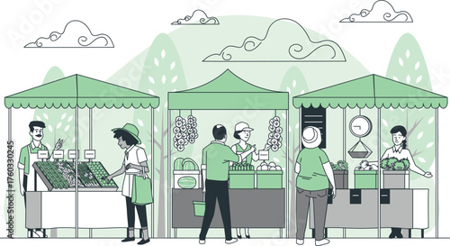 Outdoor Market Scene with Vendors and Customers at Stalls vector illustration